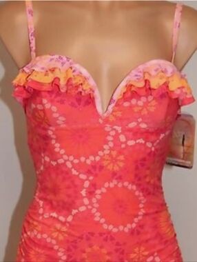 Bright Pink Orange Ruffled Tankini Top Only